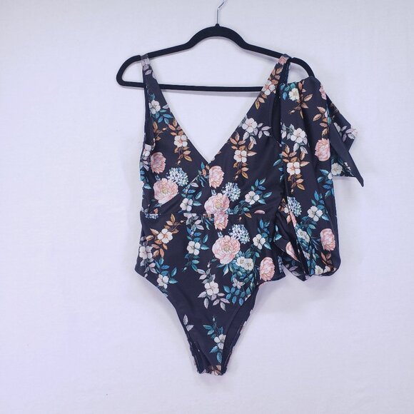 ASOS Swim Size 8 Black Floral Wrap Tie V Neck One Piece Sexy Swimsuit - Picture 1 of 13
